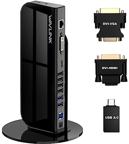 WAVLINK USB C/USB 3.0 Universal Laptop Docking Station Dual Display HDMI & HDMI/DVI/VGA, Gigabit Ethernet, 6 USB Ports, Audio, for MacOS/M1/M2, Windows, Chrome OS, Android 7.1 Above, Vertical Stand