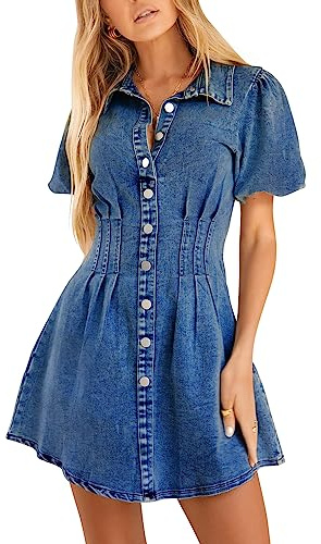 KDF Summer Dress for Women Puff Sleeve Slim Fit Jean Dresses for Women 2025 Casual