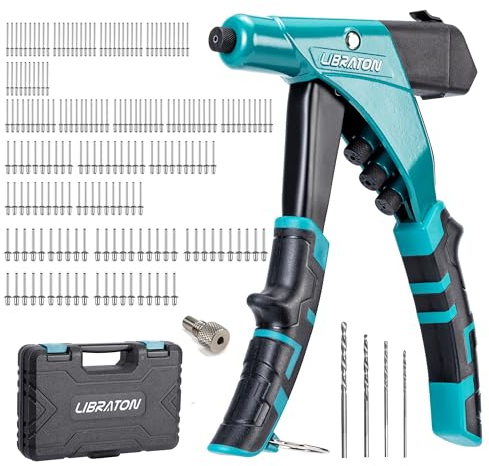 LIBRATON Professional Heavy Duty Rivet Gun, One-Handed Pop Rivet Gun Set, Robust Riveter with Shaft Container, Manual Riveting Tool, Tool-Free Interchangeable Heads, for Metal, Wood and Plastic