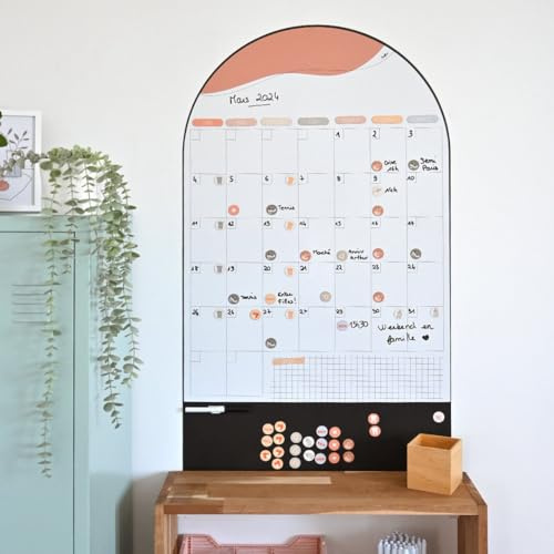 FERFLEX - Calendrier mural magnetique - Planning mensuel arrondi- Le Familial - Decoration maison - livré avec des magnets graphiques colorés - 1Mx58CM