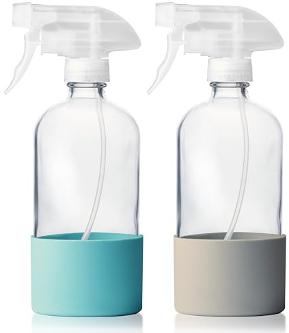 Vitachy Pack 2 Pulverizadores de Vidrio 500ml con Base de Silicona Antideslizante Botella Spray de Cristal con Cabezal Reforzado Boquilla 3 Posiciones para Limpieza, Plantas y Peluquería - Gris/Azul