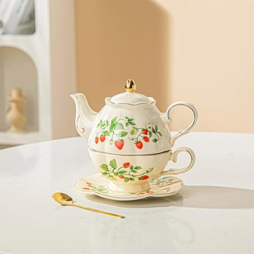 Teekannen-Becher, Teekanne und Teetasse für einen, Teetasse und Untertasse, Geschenk für Mädchen und Frauen, Erdbeere