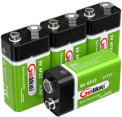 Piles GutAlkaLi 9V Bloc de Piles, 4 Pièces, Alimentation Longue Durée pour Détecteurs de Fumée, Alarmes Incendie, Microphone 6LR61 6F22 PP3 MN1604