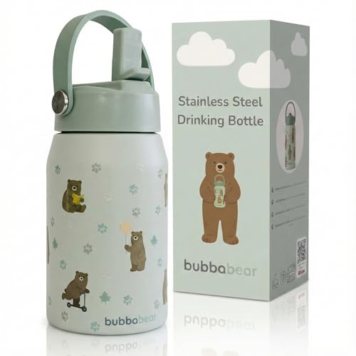 Bubba Bear Kids Stainless Steel Water Bottle | 350ml Kid Drink Toddler Metal Bottles with Leakproof Straw | Childrens & Toddlers Insulated Drinking Cup | Kid Thermal Keep Cold Drinks Flask for School