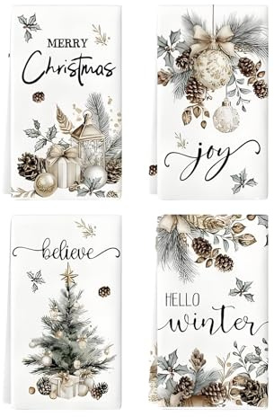 QITHGYD 4 Stück Geschirrtücher Weihnachten – Weihnachts Geschirrtücher mit Tannenbaum & Zapfen Motiv, saugfähige Geschirrhandtücher Weihnachten, Handtuch Küche Deko, Christmas Towels