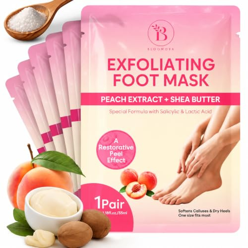 Exfolierande fotmask (6 st), fuktgivande fotskalning med sheasmör och persikaextrakt, exfolierande strumpor för torr och skadad hud, återställande vård för män och kvinnor, fotskalmask