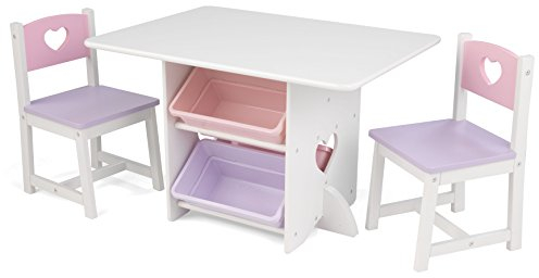 KidKraft Heart Wooden Table and 2 Chairs with Storage Bins, Kids Table and Chair Sets, Toy Storage, Kids Children's Playroom/Bedroom Furniture, 26913