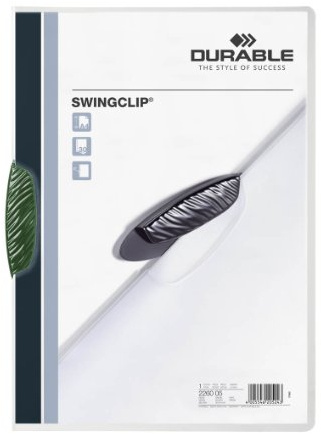 Durable Klemm-Mappe Swingclip aus PP, bis zu 30 Blatt A4, grün, 25er Packung, 226005 | Klemmhefter mit seitlich schwenkbarer Kunststoffklemme, für bis zu 30 Blatt, aus robustem PP, DIN A4