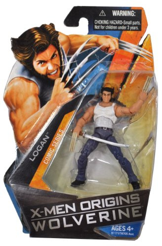 X-Men Origins Wolverine Comic Series 4 Inch Tall Action Figure - LOGAN (White Tank Top and Blue Denim) with Samurai Sword