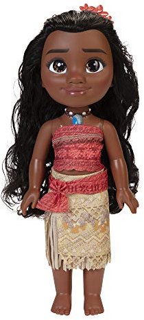 Disney Princess Vaiana Puppe 35cm, reflektierende Glitzeraugen, bewegliche Gelenke, ausziehbares Outfit, Blumenspange, langes Haar, für Mädchen ab 3 Jahren