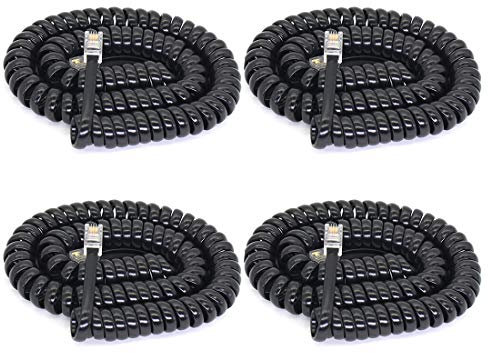 Cavo districante per cornetta telefonica, in rame puro, a spirale, arrotolato, da 4 a 3 m, sarrotolato, cavo di prolunga modulare standard RJ9 4p4c (nero, 4 pezzi)