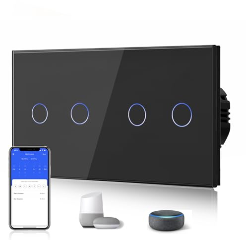 BSEED Smart Alexa Lichtschalter aus Glas, WiFi Touch Wandschalter 2 Fach 1 Weg+ 2 Fach 1 Weg (Neutralleiter Erforderlich), Alexa/Tuya/Google Home-kompatible 157mm * 86mm Schwarz