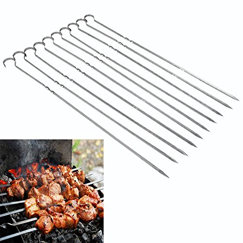 10pz Spiedini in Acciaio Inossidabile per Griglie, 40cm Lungo BBQ in Metallo Riutilizzabili Spiedini Piatti con Manico Antiscivolo, Accessori per Barbecue, Argento