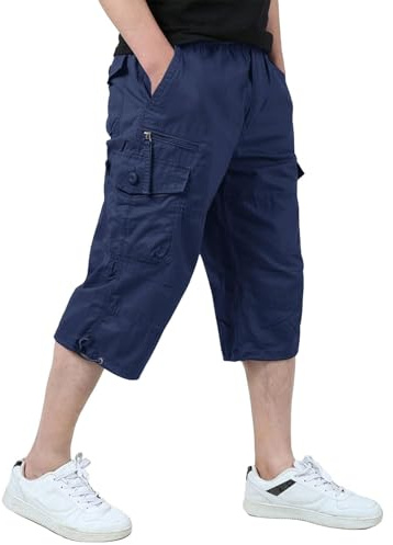 KEFITEVD Cargo Shorts Men 3/4 Length Shorts Long Short Pant Cropped Trouser | Multi pockets, elastic waist, casual work shorts, cotton capri trousers, summer below knee, 15 inch, comfortable, lightweight