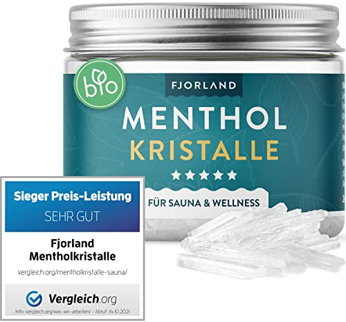 Fjorland Mentholkristalle 100g - Premium Qualität für die Sauna - Kristalle aus Menthol - Saunaaufgüsse - In wiederverschließbarer Dose - 100% natürliche Inhaltsstoffe