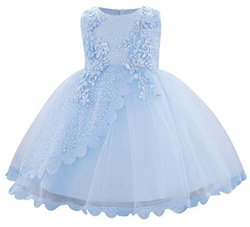 IMEKIS Vestido de princesa para bebé y niña, sin mangas, de encaje, tutú, flores, dama de honor, tul, boda, cumpleaños, fiesta, bautizo, azul, 12-18 meses