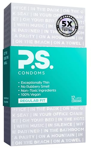 PS Condoms Exceptionally Thin Latex Condoms for Men - Odorless and 100% Vegan - Ultra Thin Lubricated Condom - 40% Thinner and Transparent - 12 Pack