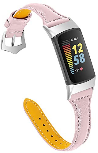 Gimuk Leather Strap Compatible with Fitbit Charge 5, Women Men Genuine Leather Sport Band Replacement Watch Strap Wristband Bracelet for Charge 5 Fitness Tracker (Pink)