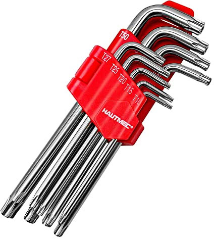 HAUTMEC Torx Hex Key Allen Wrench Set, 9-Piece Star Wrenches- Chrome Vanadium Steel and Drilled Tips for Furniture Assembly, Bicycle Repair, Tightening or Loosening and Fixtures, HT0222-SS