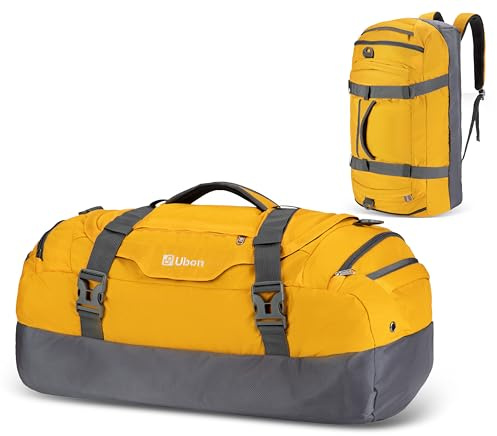 Ubon Sac de Voyage Pliable Imperméable Grande Sac de Sport avec Compartiment à Chaussures Cabine Sac Portable Multifonction Sac à Double Usage avec pour Gym Camping Randonnée Voyage Jaune 80L