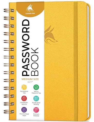Clever Fox Password Book Keeper Notebook, Spiral-Bound Medium Amber Yellow