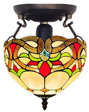 Auroh Tiffany Ceiling Light 10in Amber Floral Scroll - Stained Glass Shade | Tiffany ceiling light with handcrafted stained glass shade. For living room, bedroom, hallway, lounge or dining room.