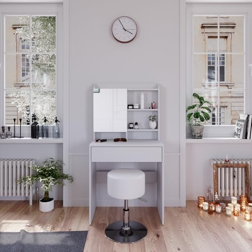 Vicco Schminktisch Laura, Weiß, 70 cm | mit Hocker, Integriertes Licht – keine extra Tischlampe nötig