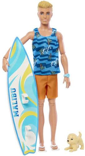 Ken Doll with Surfboard and Pet Puppy, Poseable Blonde Barbie Ken Beach Doll with Themed Accessories like Towel, HPT50