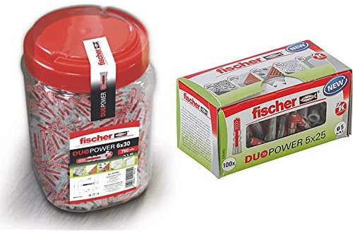 fischer 557383 DUOPOWER Dübel, Grau/Rot, 6x30/750uds & DUOPOWER 5 x 25, Universaldübel, leistungsstarker 2-Komponenten-Dübel, Kunststoffdübel zur Befestigung in Beton, Ziegeln, Stein, 100 Stück