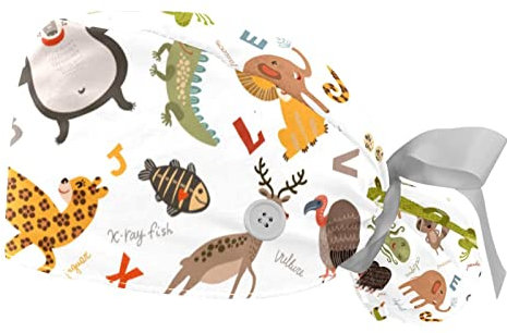 2er-Pack Schrubbmützen,Bouffant-Hüte,Zoo-Cartoon-Tier,Arbeitskappen mit Knopf und Schweißband,verstellbar