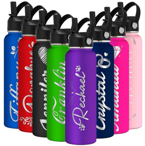 Individuell gravierte Wasserflasche, isoliert mit Strohhalm, personalisierte Sport-Wasserflasche mit Namen, personalisieren Sie Edelstahl-Wasserflasche mit Strohhalm-Deckel für Männer und Frauen
