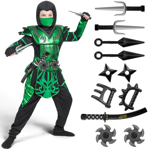 Spooktacular Creations Costume de ninja d'Halloween pour garçons, costume de ninja vert pour enfants, fêtes à thème ninja, déguisement d'Halloween