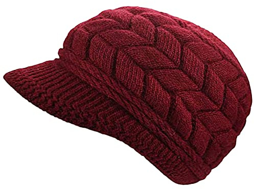 AUSUAYA Gorro de mujer de lana con forro de cálido polar, tejido a mano con visera para nieve, esquí, frío, invierno WS-H1, Borgoña, M