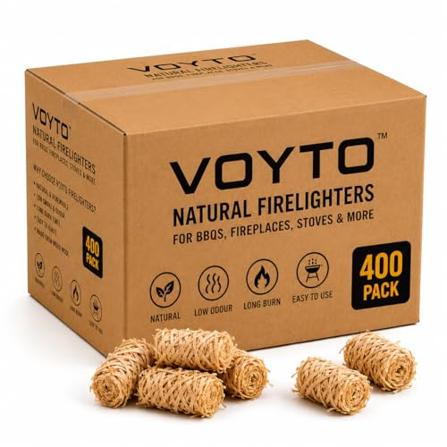 VOYTO Natural Firelighters - 400 Eco Wood Wool & Wax Fire Starter Cubes for BBQ, Pizza Oven, Log Burners & Fireplaces - Odorless, Fast Ignition, Long Burn, Chemical-Free for Indoor & Outdoor Use