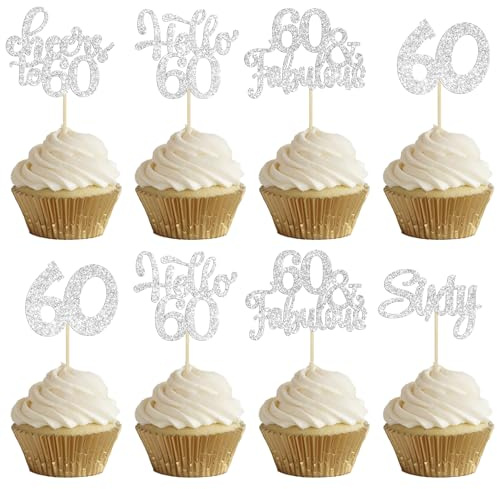 30Pcs Happy 60th Birthday Cupcake Toppers Silver Glitter Sixty Cake Toppers Cheers to 60 Years Old Birthday Cupcake Picks for 60th Birthday Anniversary Party Cake Decorations Supplies