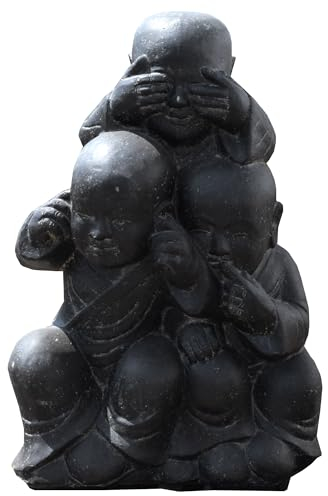 Teako Design Stonox Garten Skulptur Shaolin Mönch Kinder-Trio Dehradun, Buddha Figur, Frostbeständige Garten-Deko für draußen, geeignet für Gartenbereich, grau