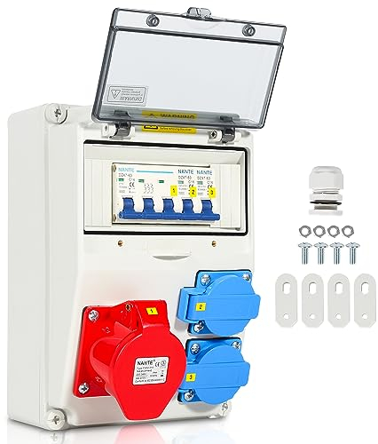 Fiqops Baustromverteiler 16A, Stromverteiler 2x230V+1x400V, Wandverteiler mit Leitungsschutzschalter, Cee Verteiler IP44 für Baustellen
