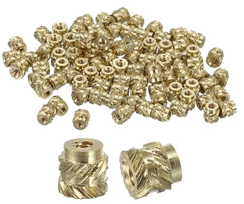 sourcing map Gerändelte Einsatzmuttern, M1 x 2 mm L x 2 mm Außendurchmesser, 3D-Druck, Messingmuttern, Innengewindeeinsätze, Messing, Heizsatz, Einbettungsmuttern, 100 Stück