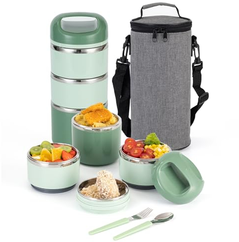 Lille Home Portapranzo in Acciaio Inossidabile a 3 Strati da 1,43 L - Bento Box Coibentato a Tenuta Stagna e Senza BPA per la Preparazione dei Pasti OTG, Contenitore per Alimenti Impilabile (Verde)