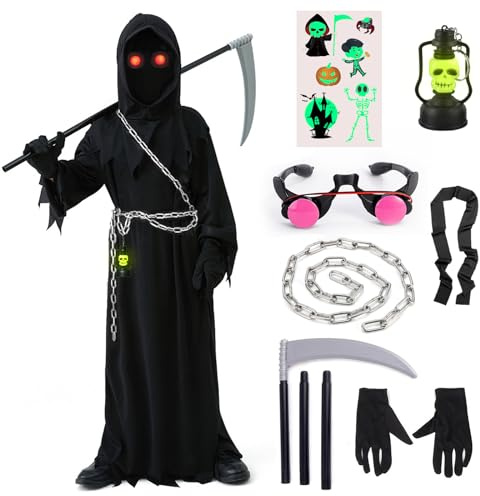 ATOWORLD Halloween Deguisement Faucheuse Enfant Costume Faucheur Enfant Deguisement Halloween Garcon 12 13 14 ans Déguisement Faucheuse Cape Noire Robe Faucheuse Faucille Halloween Lunettes Chaîne
