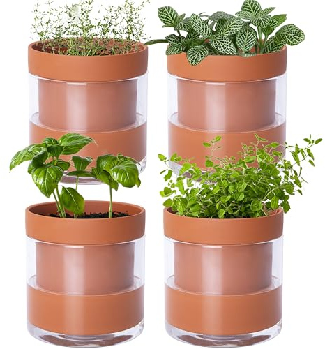 Phoenix Vine 10,2 cm selbstbewässernder Pflanztopf aus Terrakotta-Ton, mit Glasspeicher für Zimmerpflanzen, Kräuter, Blumen, 4er-Set, 52-A-E-4