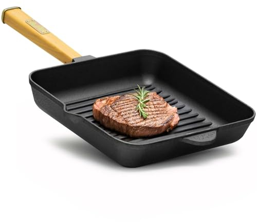 26cm Steakpfanne aus Gusseisen mit Holzgriff Grillpfanne Pfanne geeignet für Gasgrill Backofen Feuerstelle Induktion