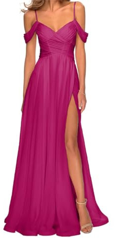SAYNO Vestidos de dama de honor de gasa con hombros descubiertos para boda, con bolsillos, cuello en V, vestido largo de graduación, vestido de noche formal, fucsia, 44