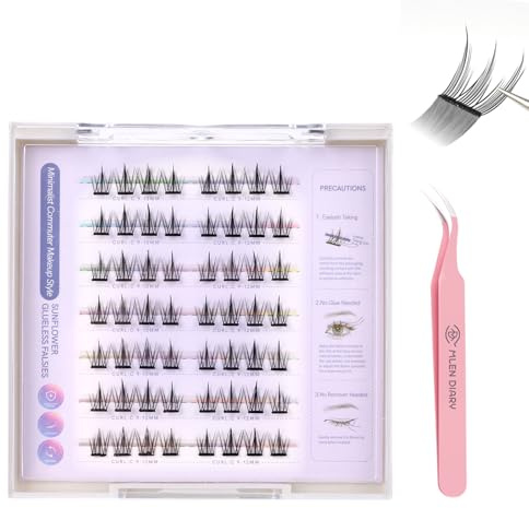 Mlen Diary Self Adhesive Lash Clusters, 6-12mm D Curl False Lashes, No Glue Reusable Manhwa Lashes, Press On Self Stick Cluster Lashes, Natural Look DIY Eyelash Extension Kit