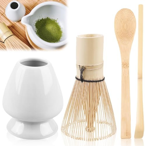 Matcha Set di 4 fruste in bambù, setole per whisk 70, porta pennelli da tè in ceramica, accessori per matcha