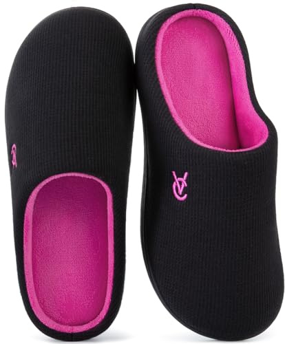 VeraCosy Women's Two-Tone Slippers Soft Comfy Knit Memory Foam Non-slip Indoor House Shoes Fuchsia Black, 7-8 UK
