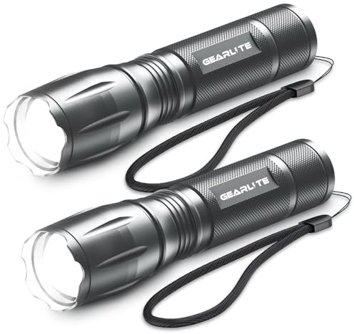 GEARLITE Linterna LED Potente 2 Piezas, 3000 Lumen Linternas LED Alta Potencia con 5 Modos, IP65 Impermeable Linterna Tactica, para Camping, Senderismo, Outdoor, Emergencia (Gris, 2)