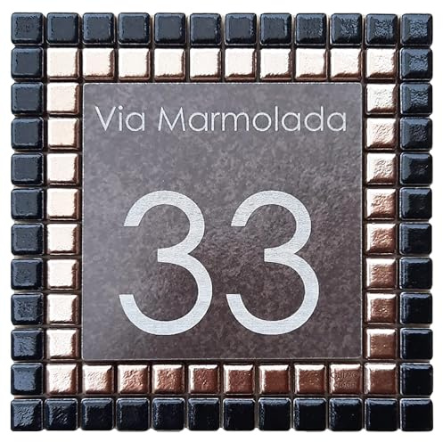 GUIZZO Creart - Numero Civico Esterno Personalizzato in Ceramica, Targhetta Personalizzata Via/Nomi con Cornice Mosaico, Targhetta Porta Ingresso Made in Italy 14x14H cm, Grigio Scuro/Argento