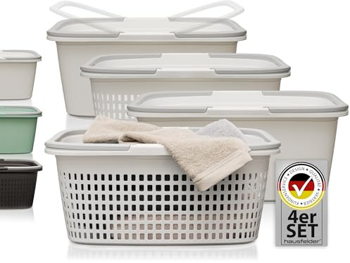 Hausfelder Wäschekorb und Wäschewanne 58x37x25cm, 4 Stück, Weiß | Wanne und Korb aus Kunststoff mit Henkel 35 l