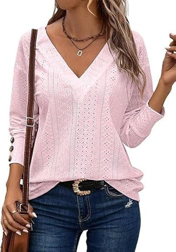 Placitiume Women's Lace Embroidered Blouses - V Neck Long Sleeve Button Down Dressy Casual Tops for Fall 2024 (Light powder,M,M,Regular,Regular)